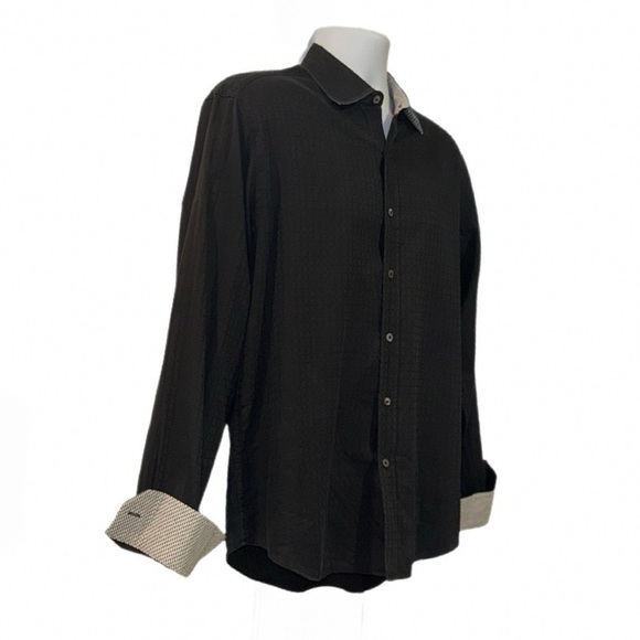 Bugatchi Uomo Shaped Fit Dress Shirt Black Geometric Texture Size Large - Picture 3 of 9